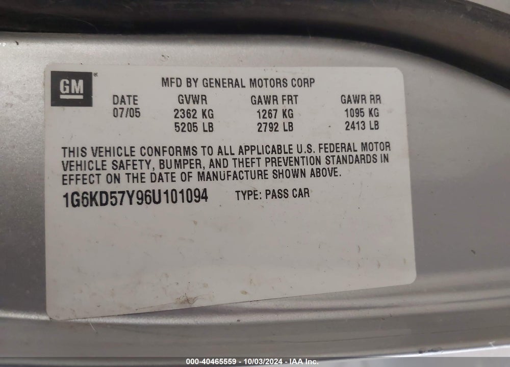 2006 CADILLAC DTS STANDARD VIN: 1G6KD57Y96U101094