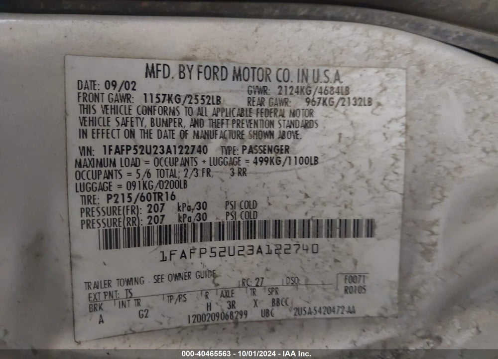 2003 FORD TAURUS LX VIN: 1FAFP52U23A122740