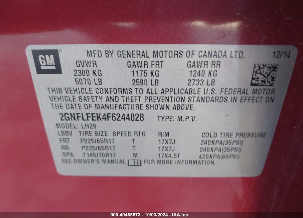 2015 CHEVROLET EQUINOX 1LT VIN: 2GNFLFEK4F6244028