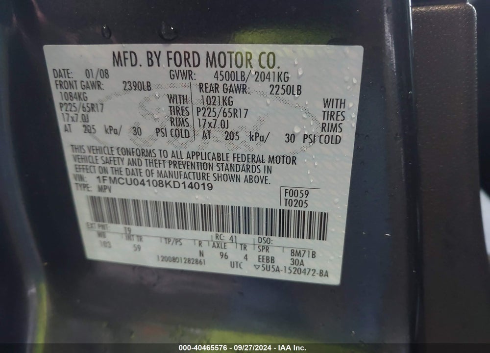 2008 FORD ESCAPE LIMITED VIN: 1FMCU04108KD14019
