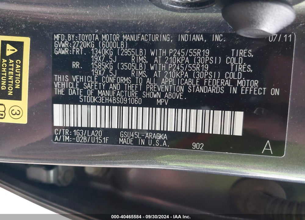 2011 TOYOTA HIGHLANDER LIMITED V6 VIN: 5TDDK3EH4BS091060