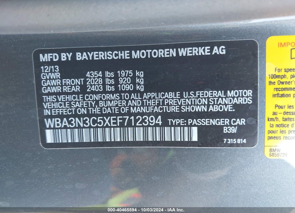 2014 BMW 428I VIN: WBA3N3C5XEF712394