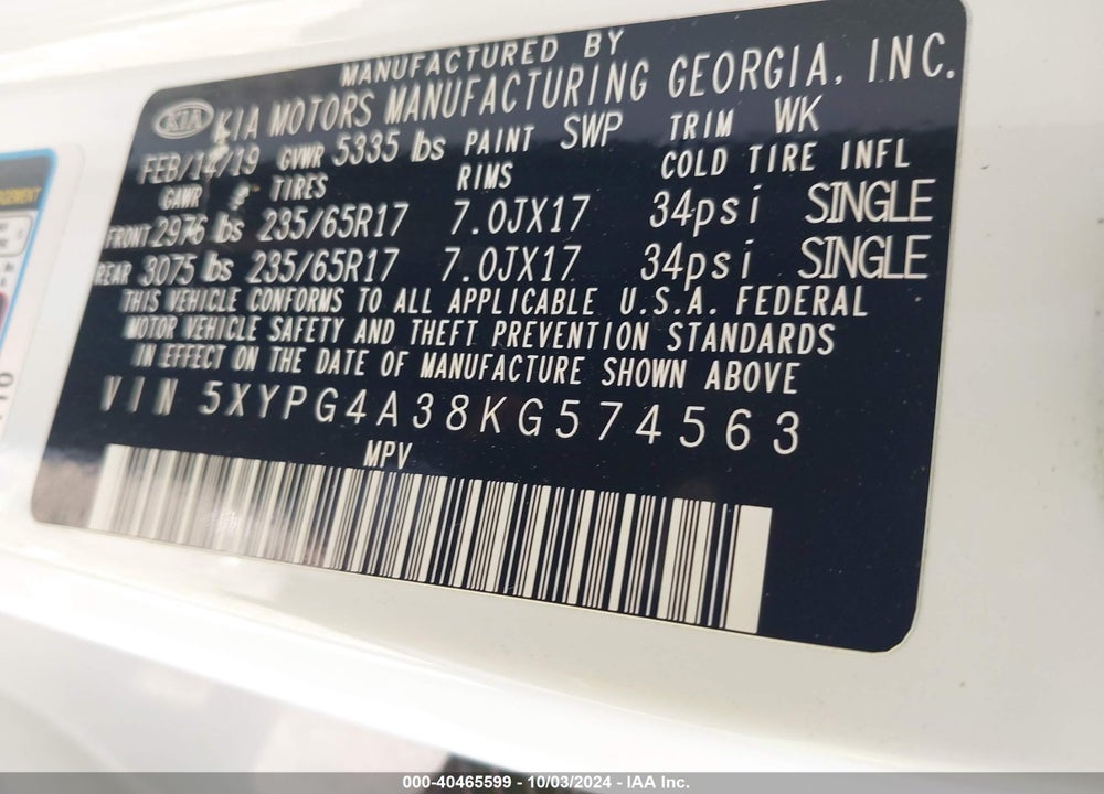 2019 KIA SORENTO 2.4L LX VIN: 5XYPG4A38KG574563
