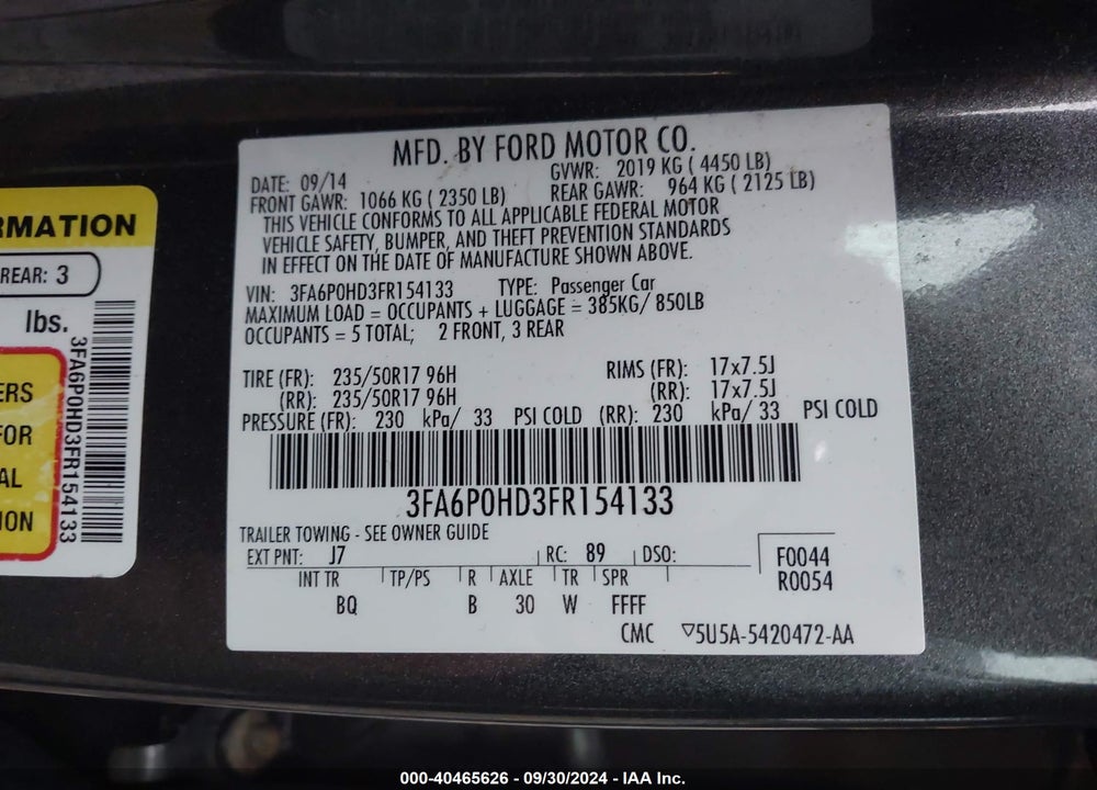 2015 FORD FUSION SE VIN: 3FA6P0HD3FR154133