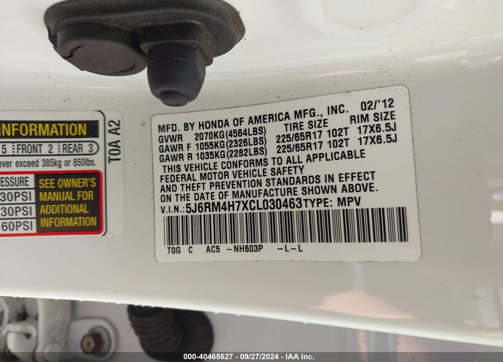 2012 HONDA CR-V EX-L VIN: 5J6RM4H7XCL030463