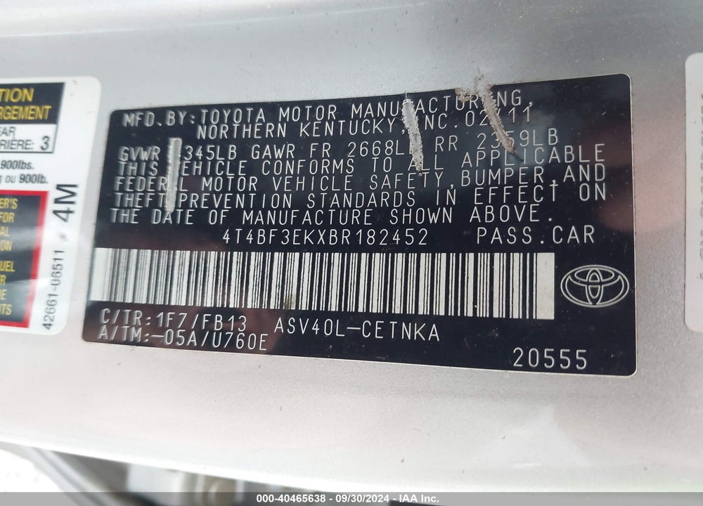 2011 TOYOTA CAMRY VIN: 4T4BF3EKXBR182452