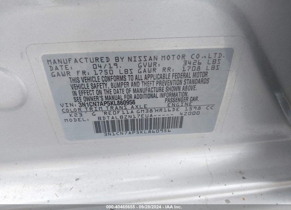 2019 NISSAN VERSA 1.6 SV VIN: 3N1CN7AP5KL860956