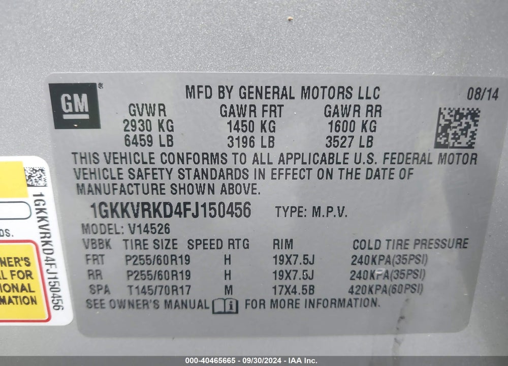 2015 GMC ACADIA SLT-1 VIN: 1GKKVRKD4FJ150456