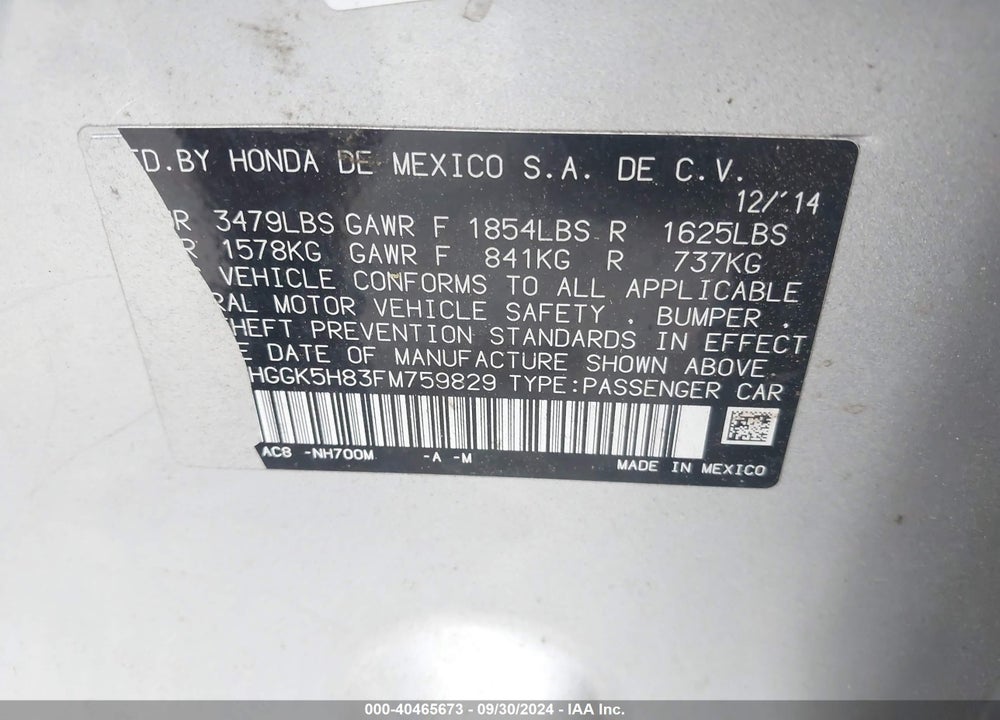 2015 HONDA FIT EX/EX-L VIN: 3HGGK5H83FM759829