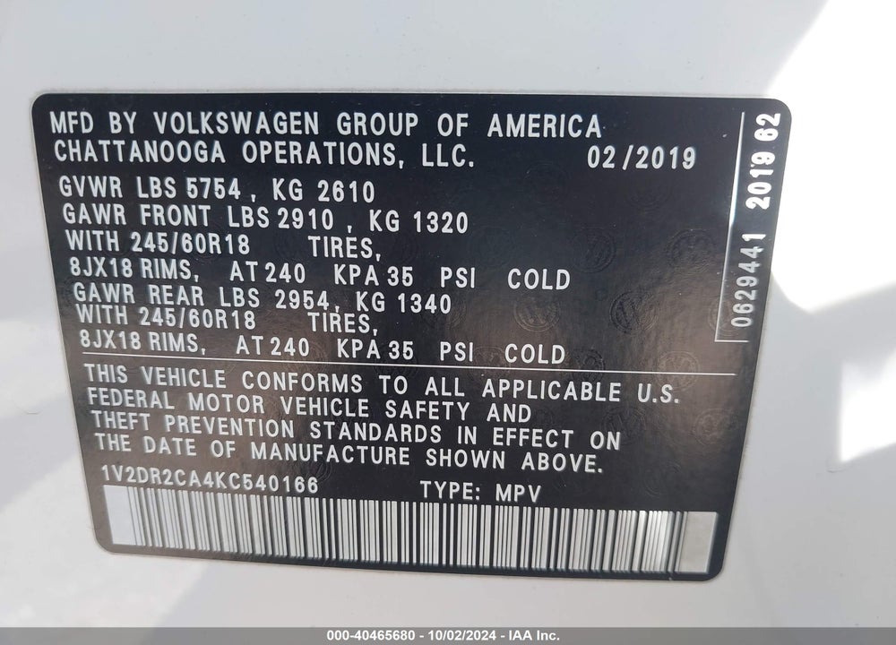 2019 VOLKSWAGEN ATLAS 3.6L V6 SE VIN: 1V2DR2CA4KC540166