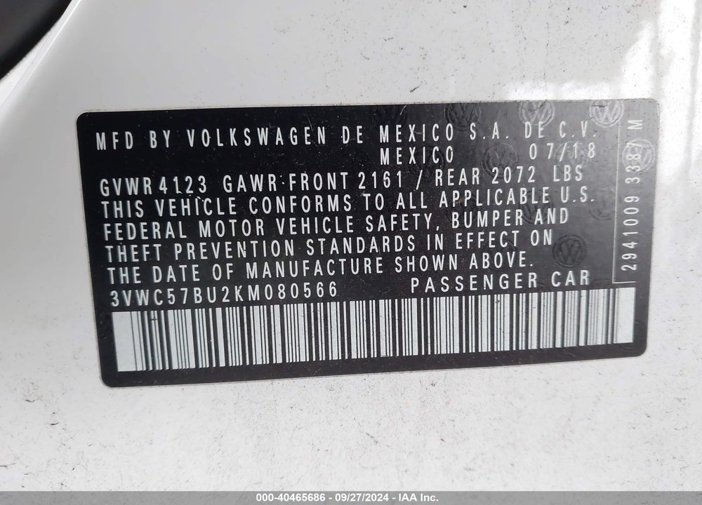 2019 VOLKSWAGEN JETTA 1.4T R-LINE/1.4T S/1.4T SE VIN: 3VWC57BU2KM080566
