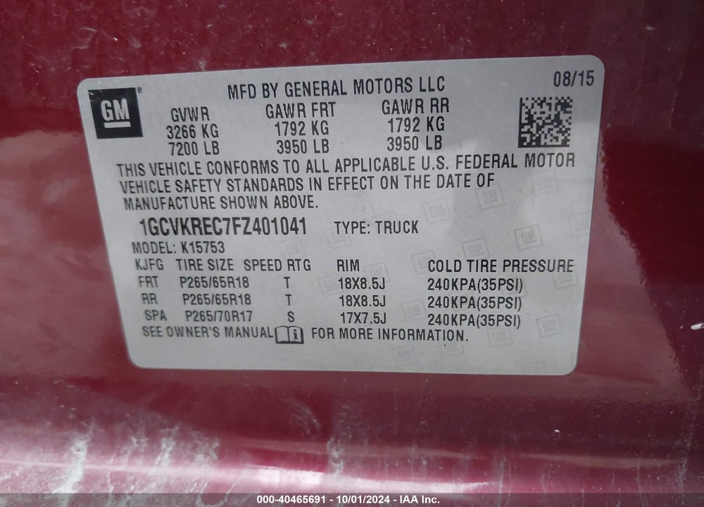 2015 CHEVROLET SILVERADO 1500 1LT VIN: 1GCVKREC7FZ401041