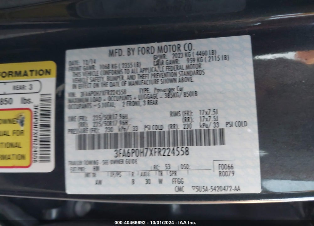 2015 FORD FUSION SE VIN: 3FA6P0H7XFR224558