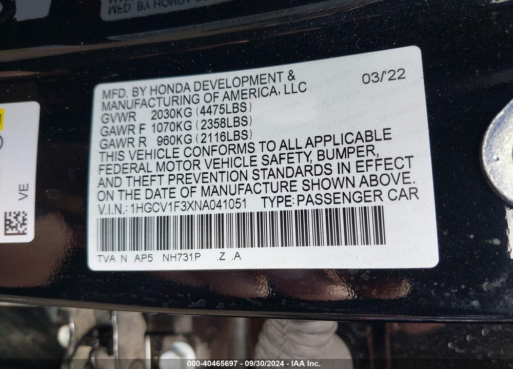 2022 HONDA ACCORD SPORT VIN: 1HGCV1F3XNA041051