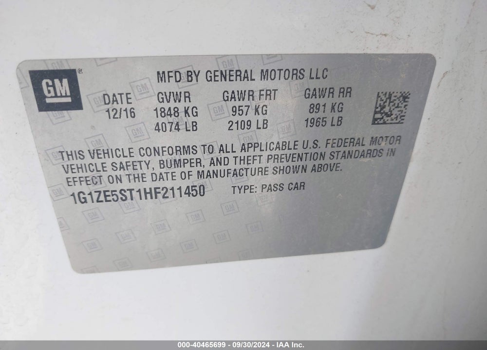 2017 CHEVROLET MALIBU 1LT VIN: 1G1ZE5ST1HF211450
