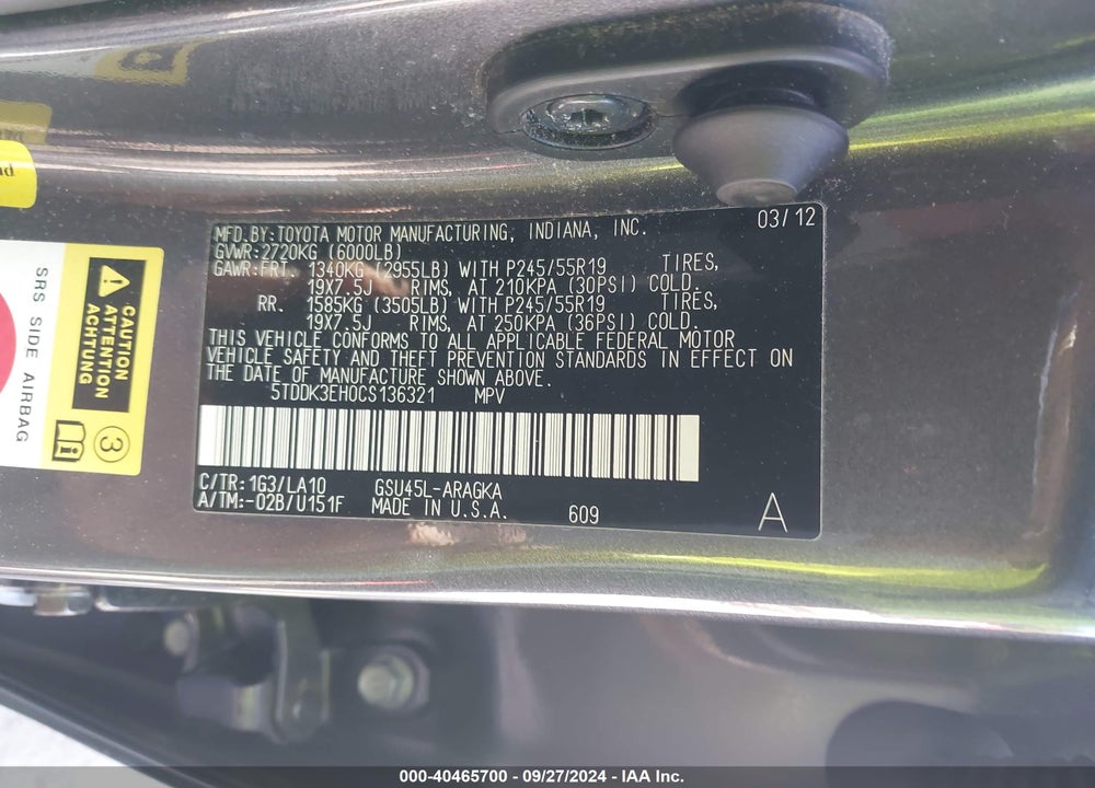 2012 TOYOTA HIGHLANDER LIMITED V6 VIN: 5TDDK3EH0CS136321
