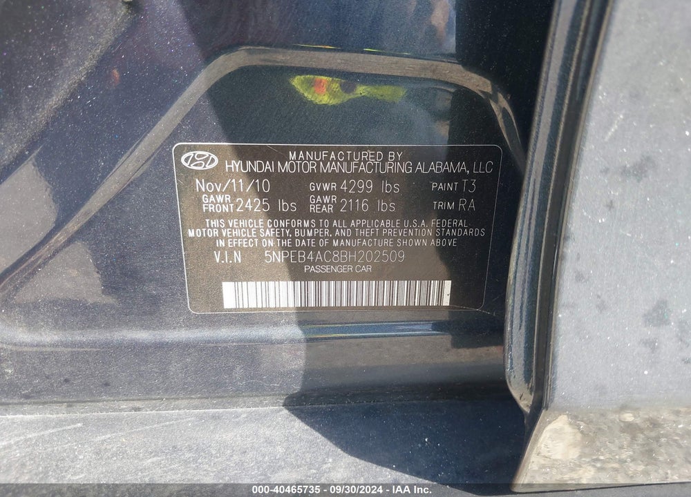 2011 HYUNDAI SONATA GLS VIN: 5NPEB4AC8BH202509