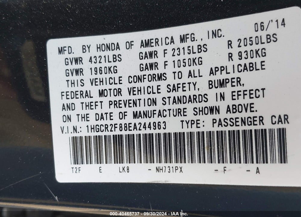 2014 HONDA ACCORD EX-L VIN: 1HGCR2F88EA244963