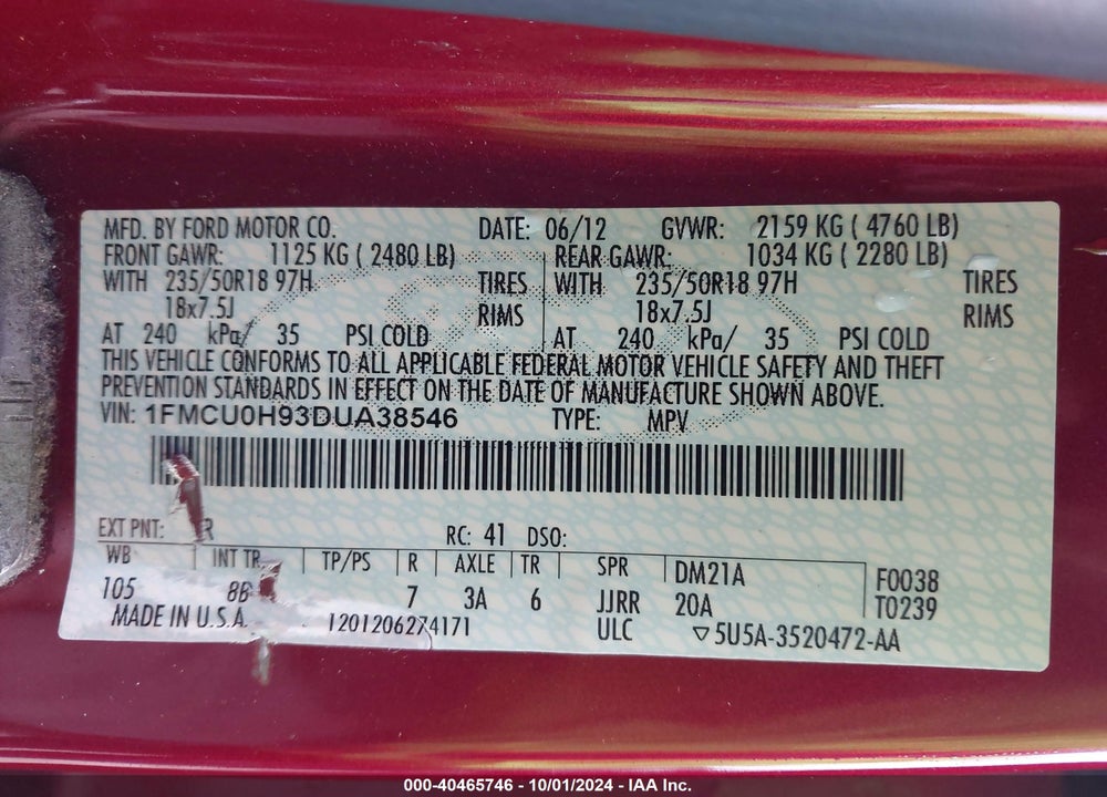 2013 FORD ESCAPE SEL VIN: 1FMCU0H93DUA38546