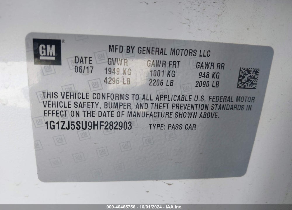 2017 CHEVROLET MALIBU HYBRID VIN: 1G1ZJ5SU9HF282903