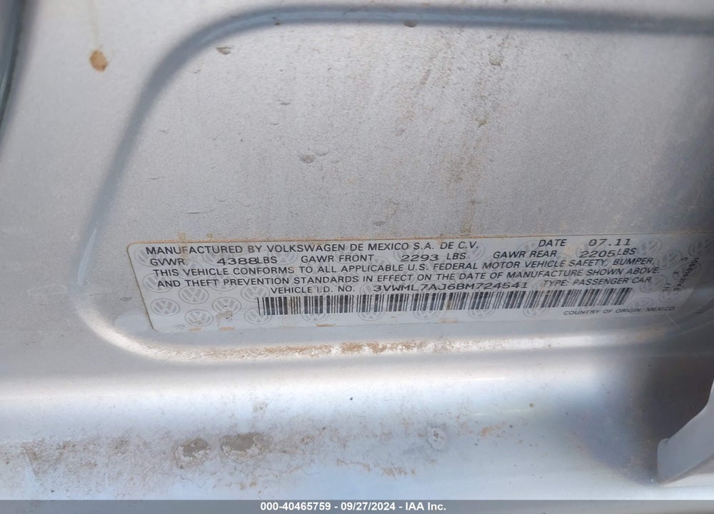 2011 VOLKSWAGEN JETTA SPORTWAGEN 2.0L TDI VIN: 3VWML7AJ6BM724541