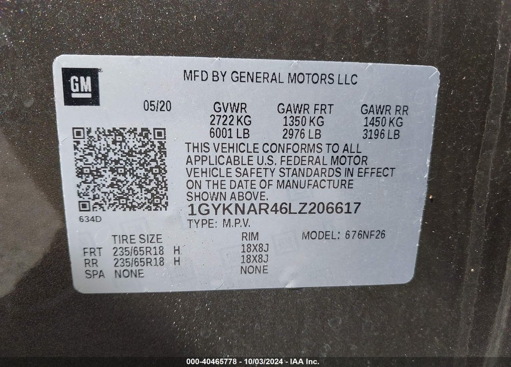 2020 CADILLAC XT5 FWD LUXURY VIN: 1GYKNAR46LZ206617
