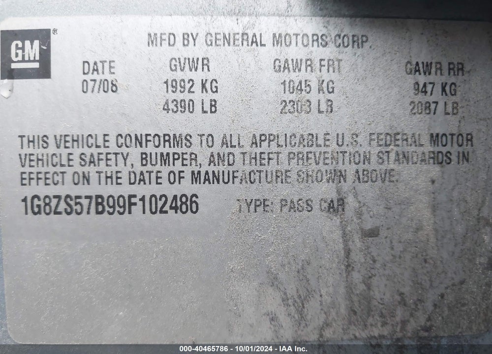 2009 SATURN AURA XE VIN: 1G8ZS57B99F102486