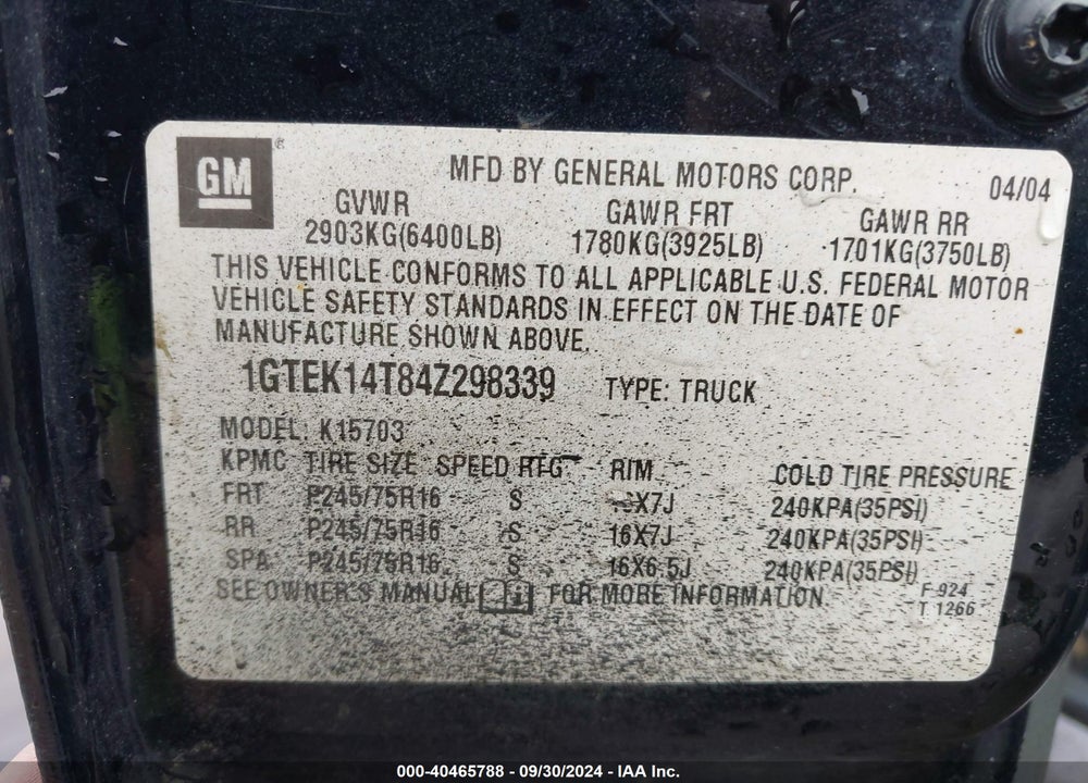 2004 GMC SIERRA 1500 SLE VIN: 1GTEK14T84Z298339