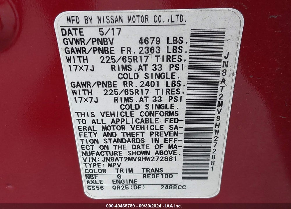 2017 NISSAN ROGUE SV VIN: JN8AT2MV9HW272881