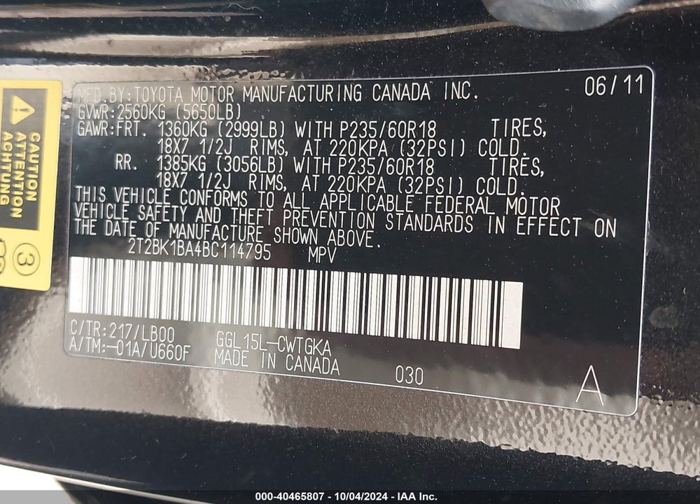 2011 LEXUS RX 350 VIN: 2T2BK1BA4BC114795
