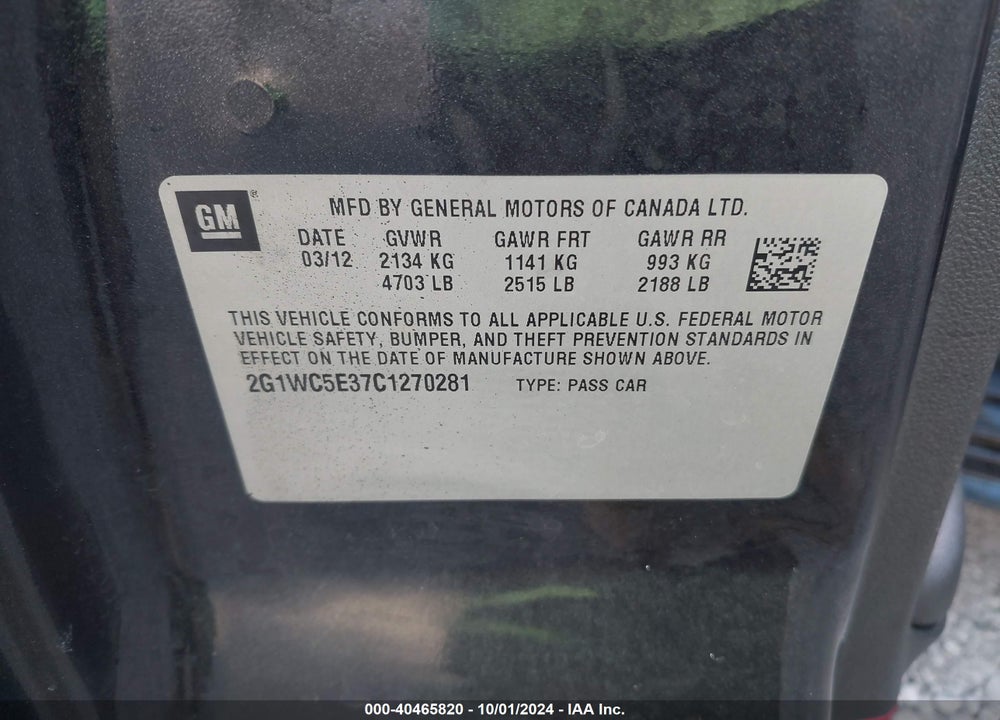 2012 CHEVROLET IMPALA LTZ VIN: 2G1WC5E37C1270281