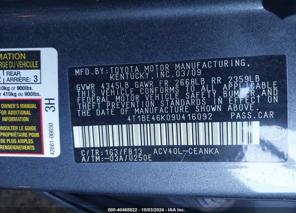2009 TOYOTA CAMRY LE VIN: 4T1BE46K09U416092