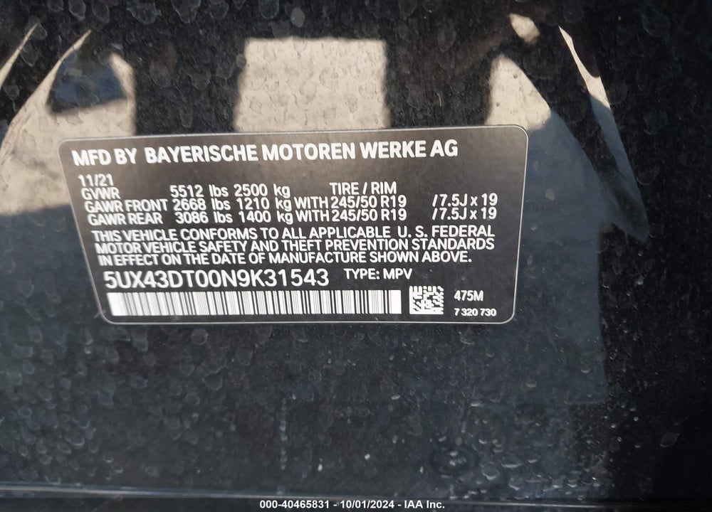 2022 BMW X4 M40I VIN: 5UX43DT00N9K31543