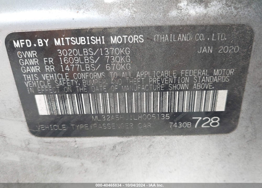 2020 MITSUBISHI MIRAGE GT/LE VIN: ML32A5HJ1LH005135