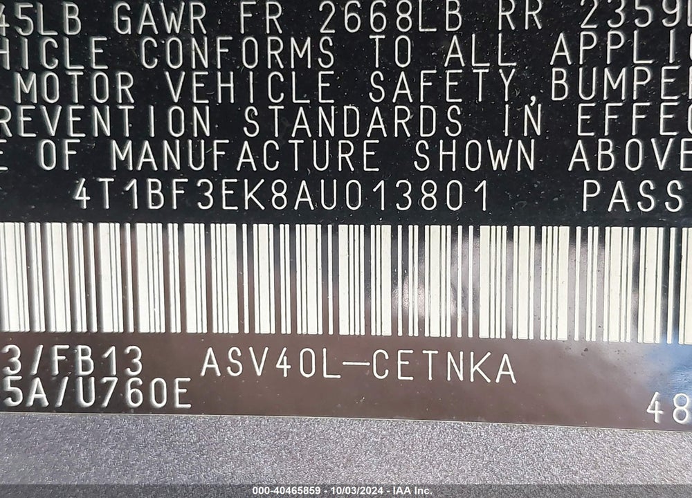 2010 TOYOTA CAMRY LE VIN: 4T1BF3EK8AU013801
