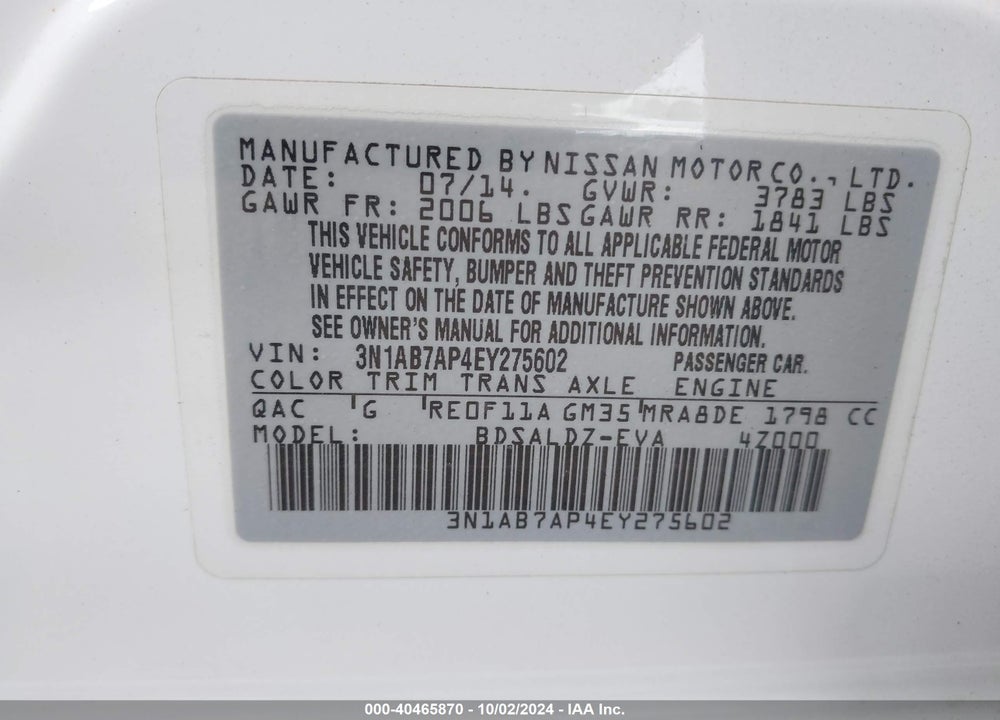 2014 NISSAN SENTRA SV VIN: 3N1AB7AP4EY275602