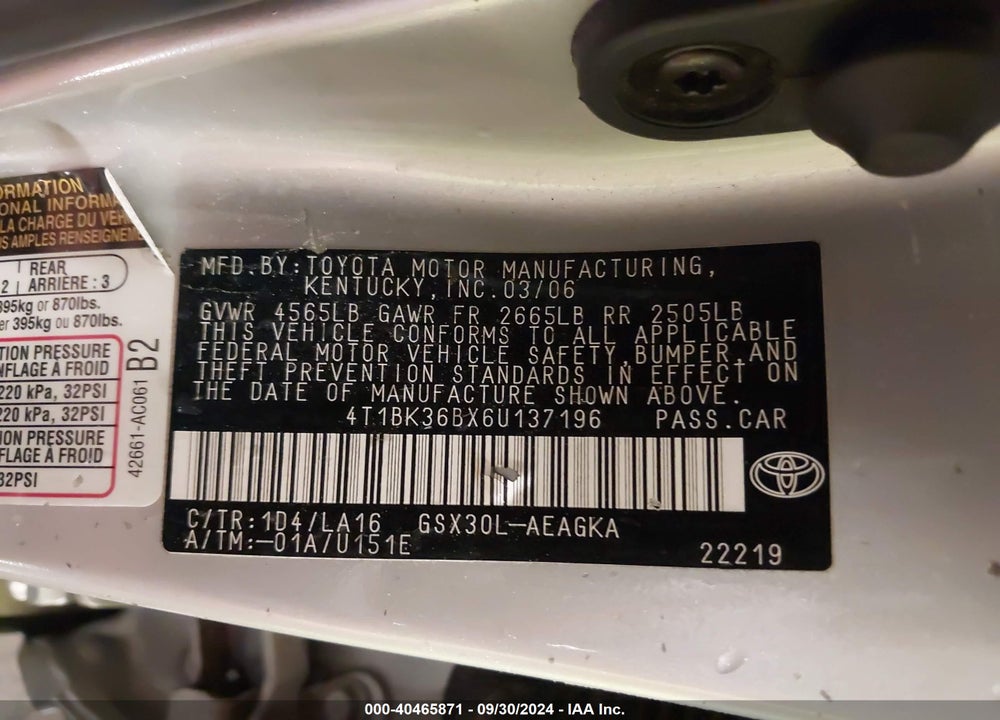 2006 TOYOTA AVALON XLS VIN: 4T1BK36BX6U137196
