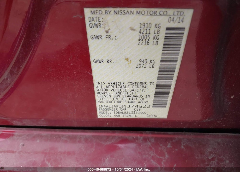 2014 NISSAN ALTIMA 2.5/2.5 S/2.5 SL/2.5 SV VIN: 1N4AL3AP1EN374822
