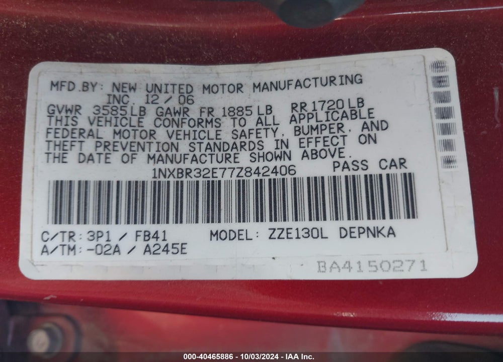 2007 TOYOTA COROLLA LE VIN: 1NXBR32E77Z842406