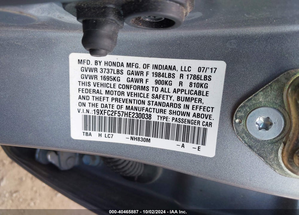 2017 HONDA CIVIC LX VIN: 19XFC2F57HE230038
