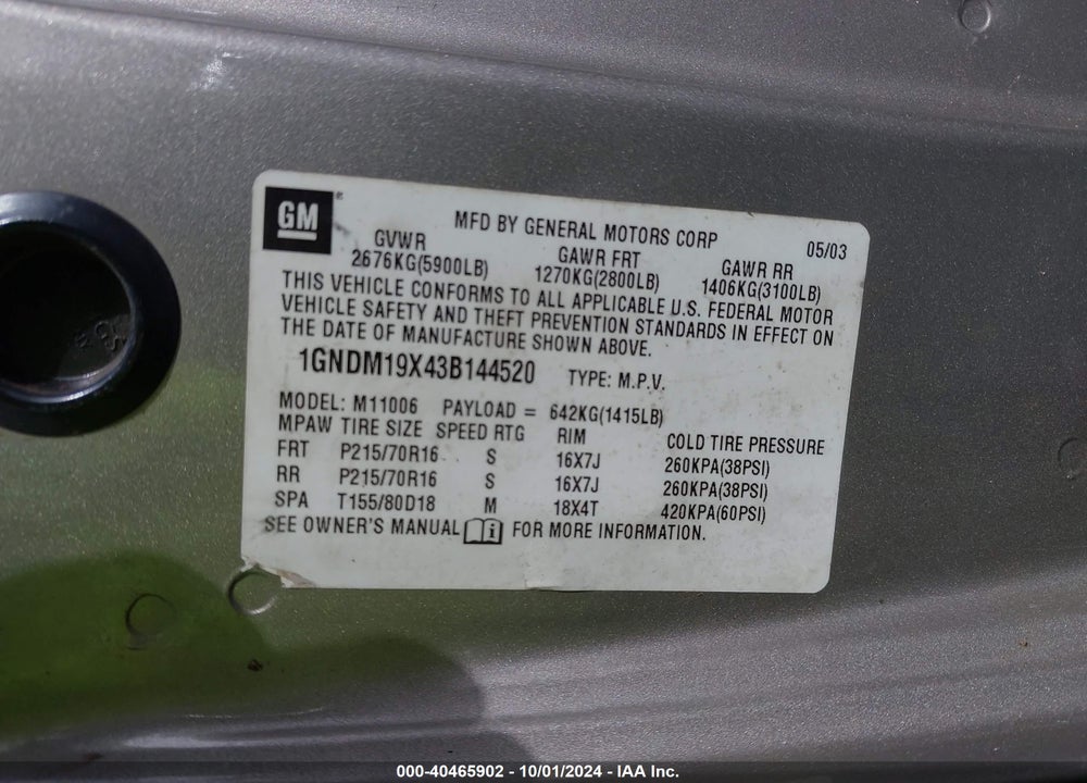 2003 CHEVROLET ASTRO VIN: 1GNDM19X43B144520