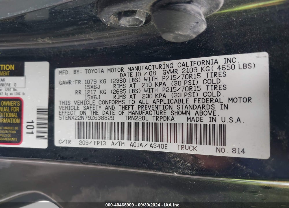 2009 TOYOTA TACOMA VIN: 5TENX22N79Z638829