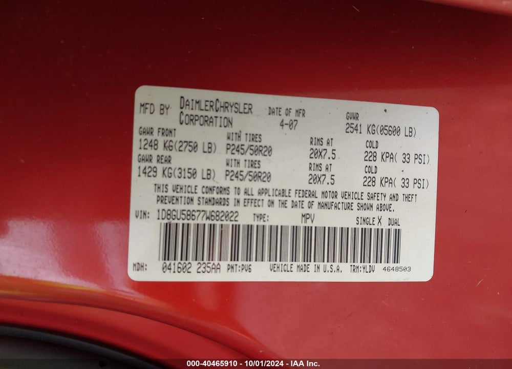 2007 DODGE NITRO SLT/RT VIN: 1D8GU58677W682022