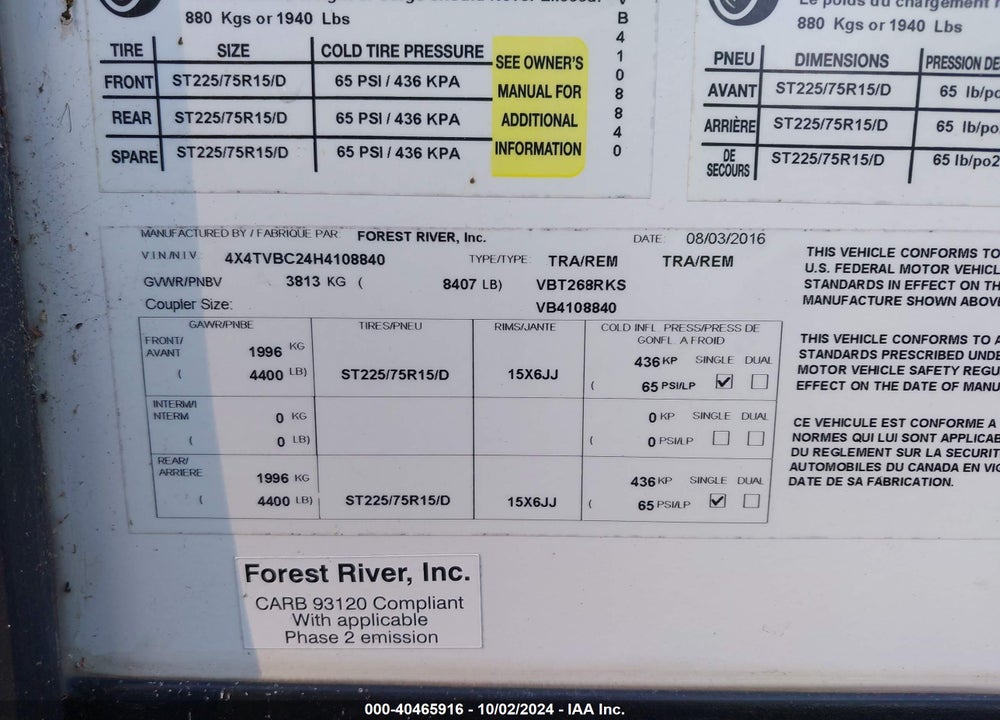 2017 FOREST RIVER VIBE VIN: 4X4TVBC24H4108840