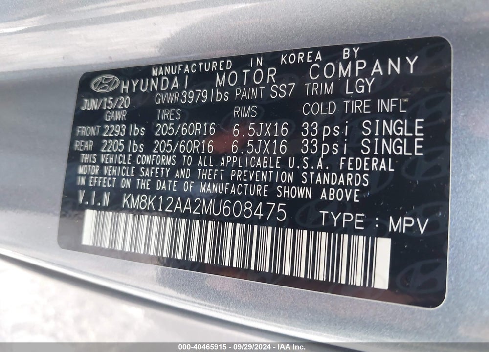 2021 HYUNDAI KONA SE VIN: KM8K12AA2MU608475