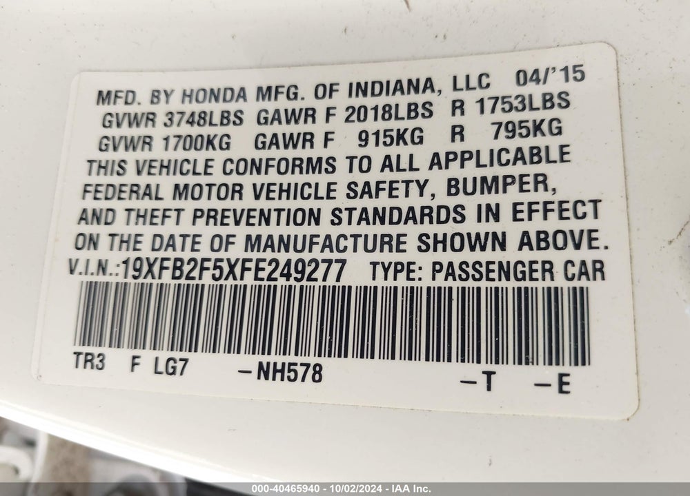 2015 HONDA CIVIC LX VIN: 19XFB2F5XFE249277