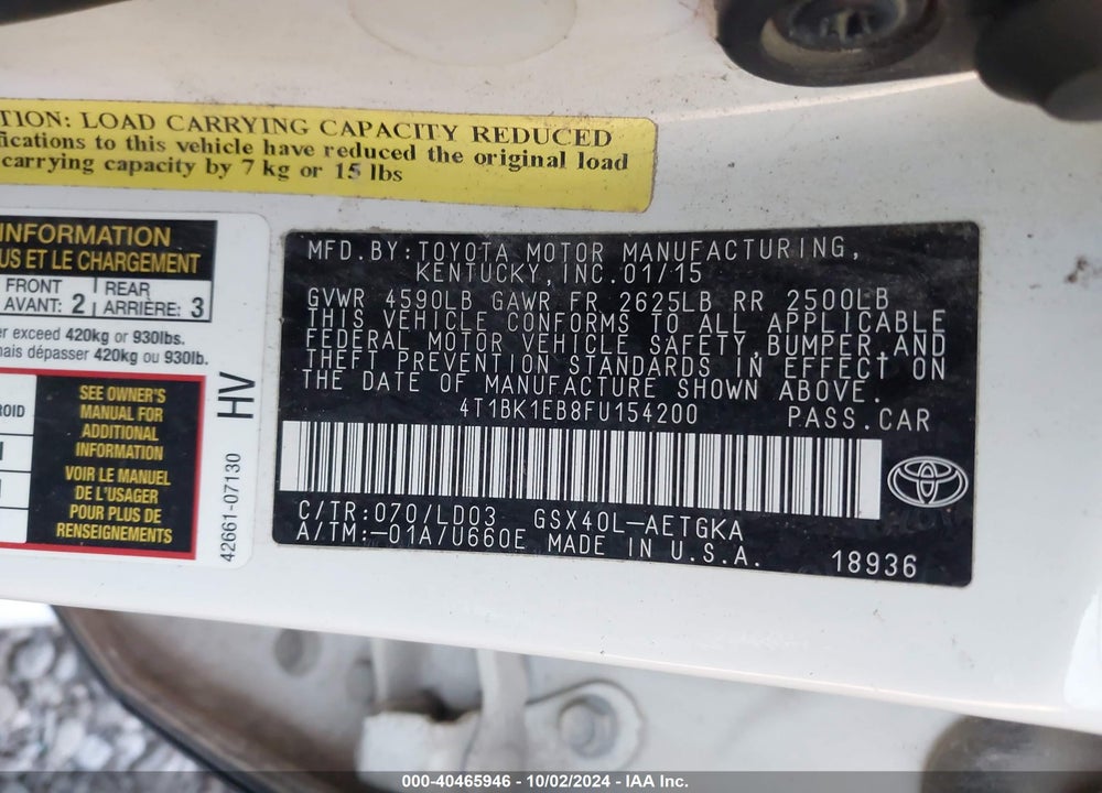 2015 TOYOTA AVALON XLE VIN: 4T1BK1EB8FU154200
