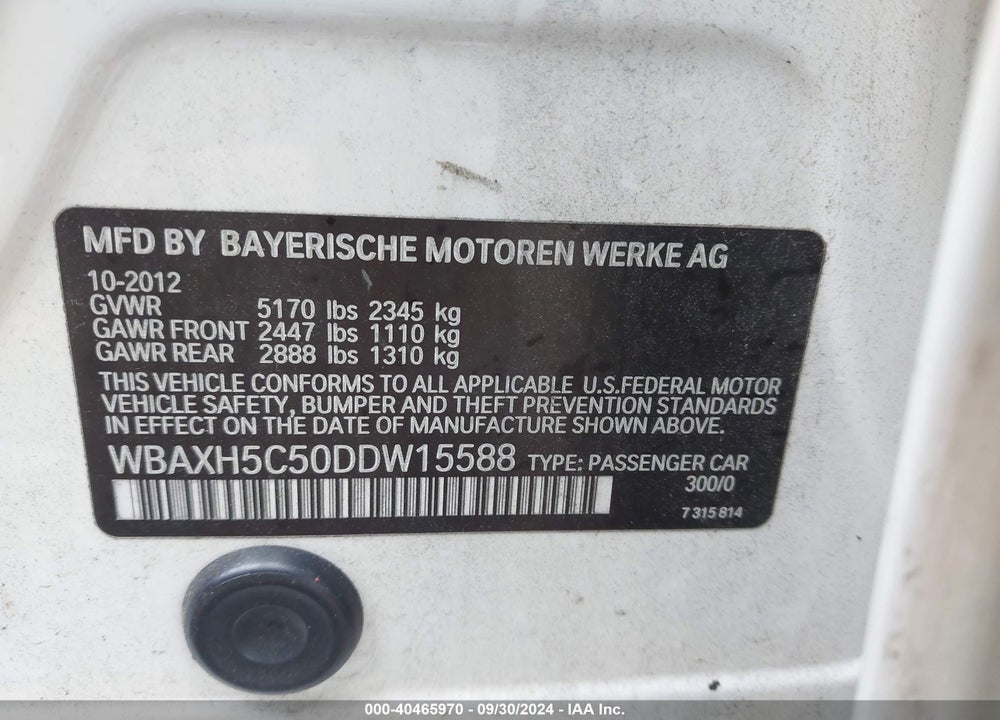 2013 BMW 528I XDRIVE VIN: WBAXH5C50DDW15588