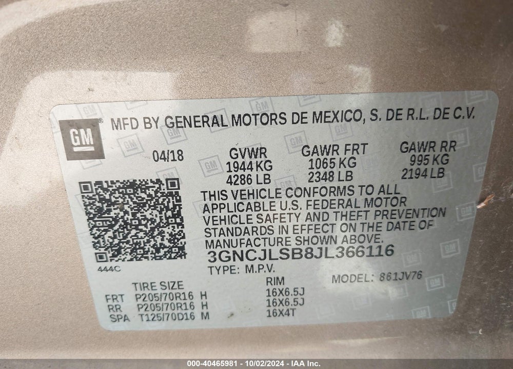 2018 CHEVROLET TRAX LT VIN: 3GNCJLSB8JL366116