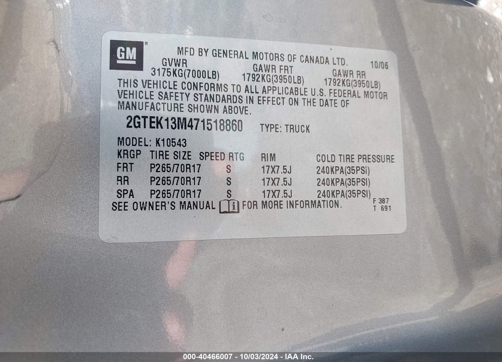 2007 GMC SIERRA 1500 SLE1 VIN: 2GTEK13M471518860
